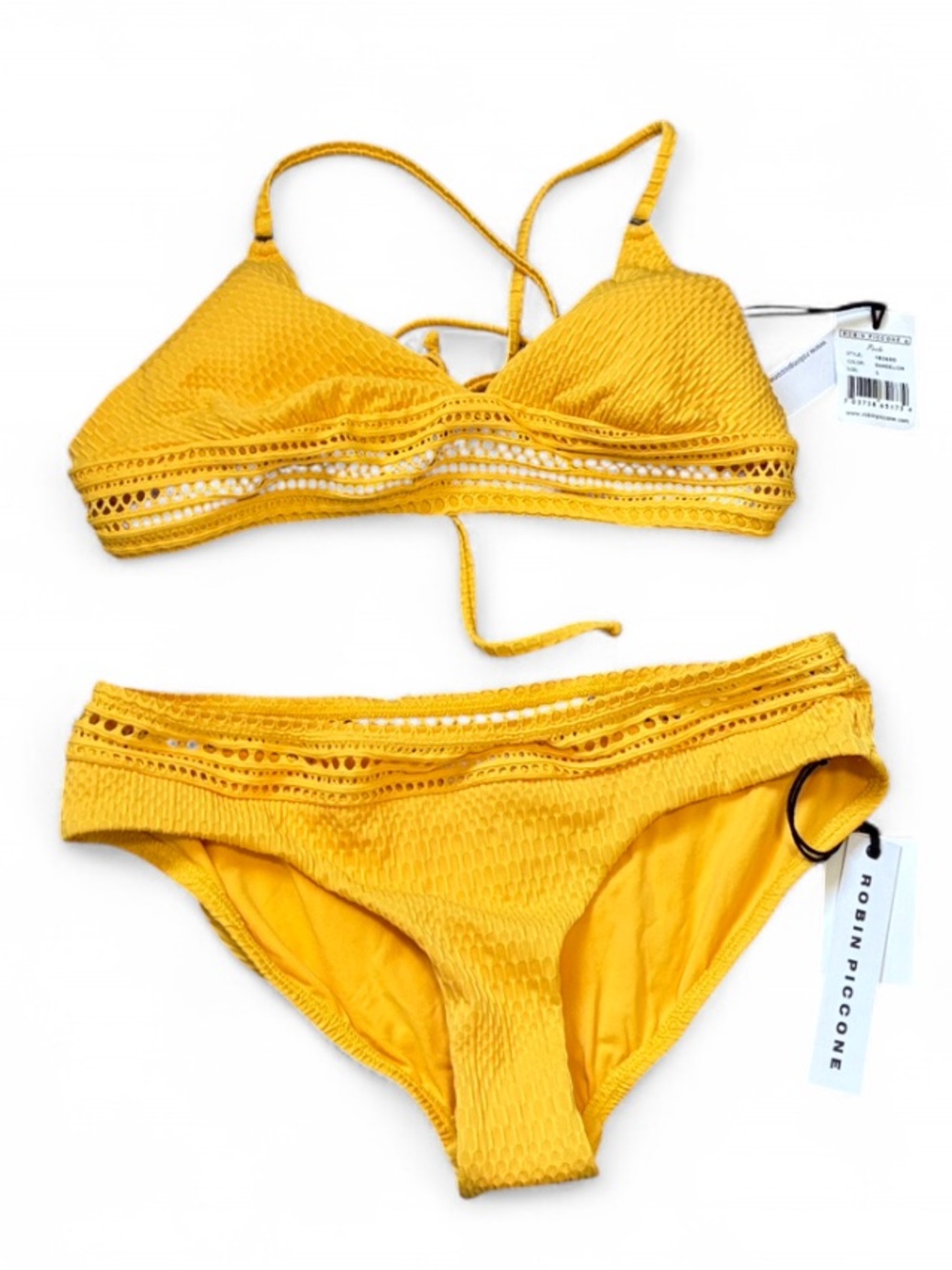 NWT Robin Piccone Perla Yellow Crochet-Trim Halter Bikini Set